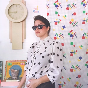 80s Vintage Black and White Polka Dotted Button Up Top - Vintage 80s Polka Dot Top - 80s Vintage Blouse