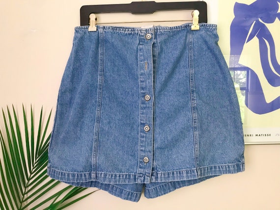 90s Denim High Waisted Button Up Skirt Shorts Sol… - image 4