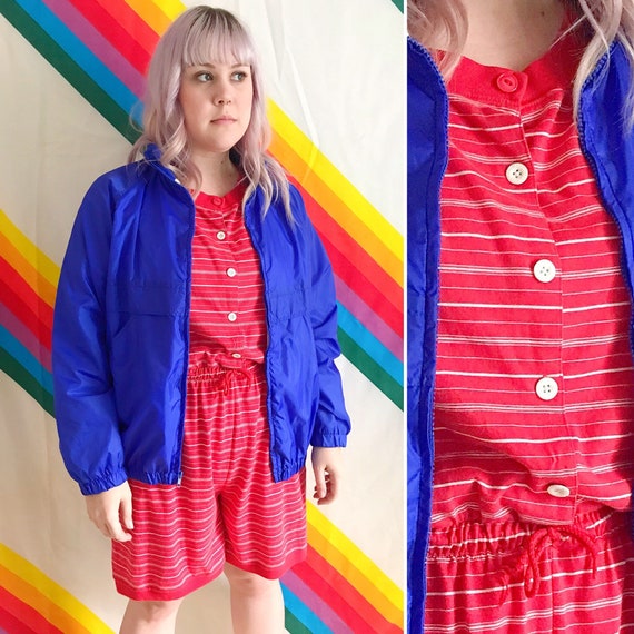 80s 90s Vintage Red Striped Cotton Romper - Vintag