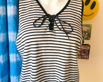 90s Grunge 2000s Lace Up Striped Tank Top Rozmiar L - 90s Vintage Striped Tank Top
