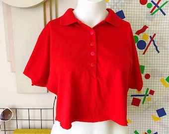 80s Básico Rojo DIY Polo Recortado Crop top Belly Shirt Sz LG