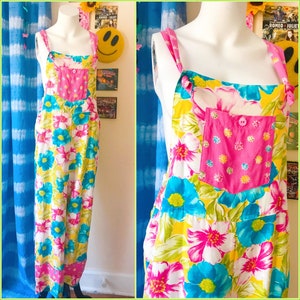 2000s Y2K Bright Floral Pink Silky Patchwork Dungarees Overalls Sz SM - Vintage Dungarees Y2K Overalls