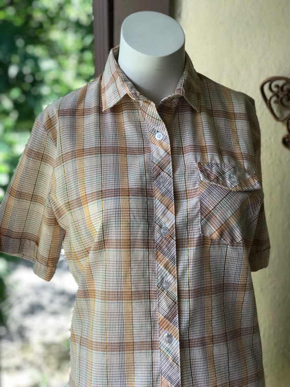 80s Cherry Stix Brown Blue Plaid Cowboy Button Up… - image 2