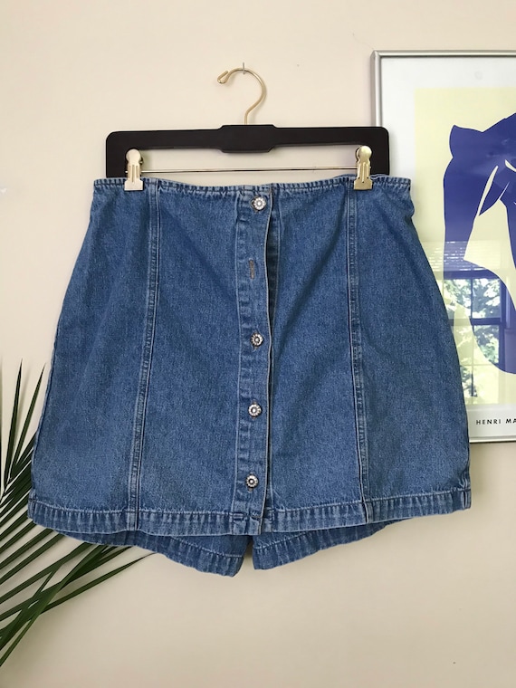 90s Denim High Waisted Button Up Skirt Shorts Sol… - image 1