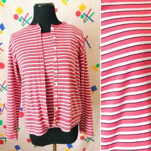 90s Vintage Pink Striped Tank and Cardigan - 80s 90s Vintage Striped Cardigan and Tank - Vintage Striped Cotton Cardigan