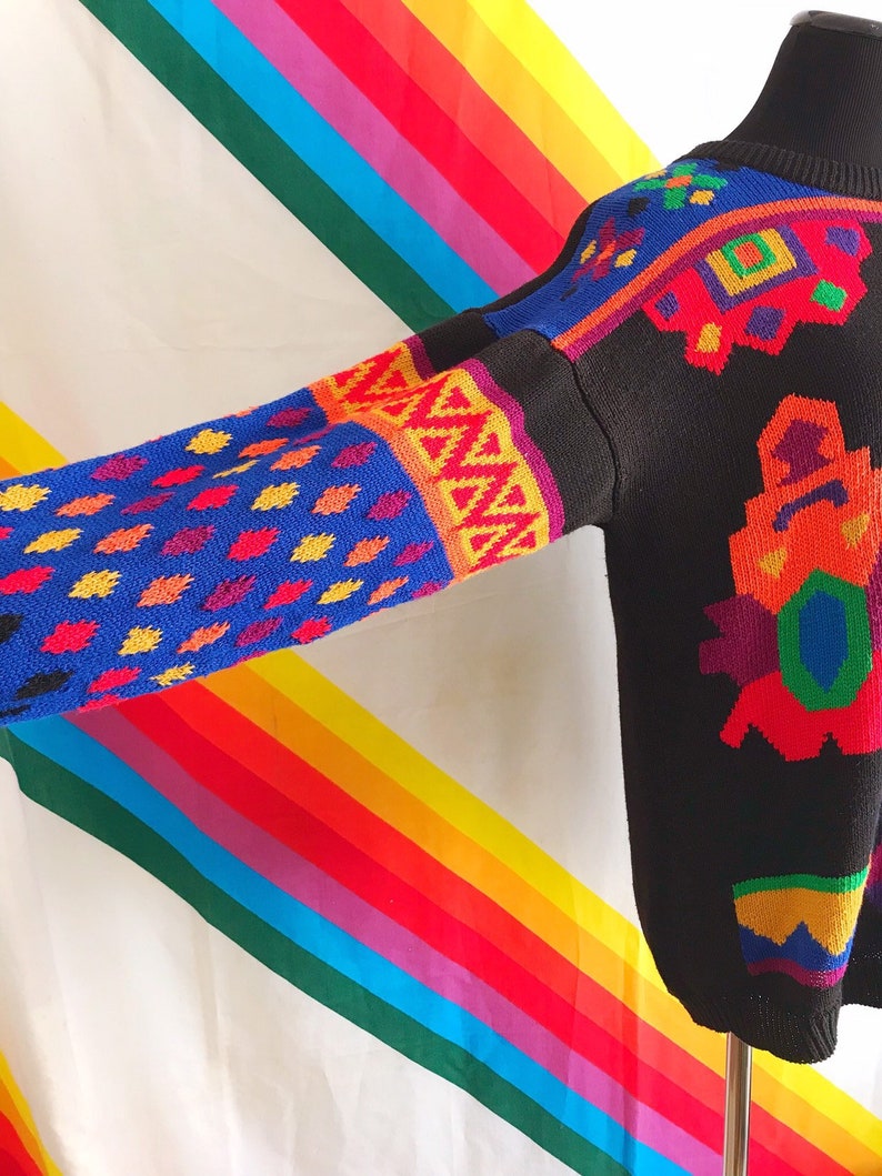 Vintage Rainbow Pom Pom Sweater Vintage Rafaella Rainbow Sweater 80s Vintage Pom Pom Rainbow Aztec Sweater