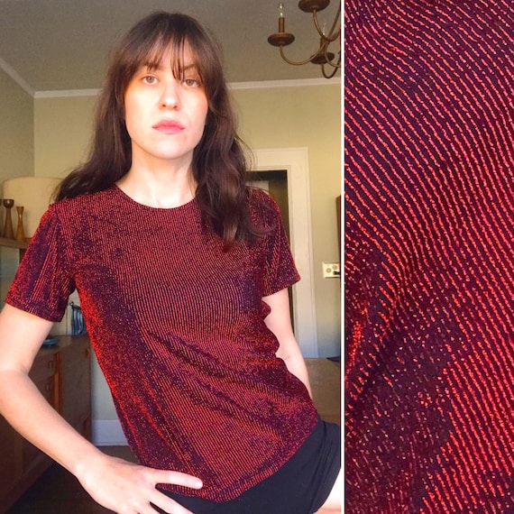 80s Vintage Metallic Spandex Red Stretchy Top - V… - image 1