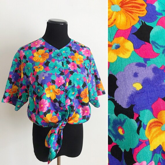 80s Vintage Bright Neon Floral Cropped Button Up -