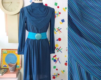 80s Vintage Rainbow Striped Blue Dress - Vintage Rainbow Striped Blue Poly Dress - 70s 80s Rainbow Dress