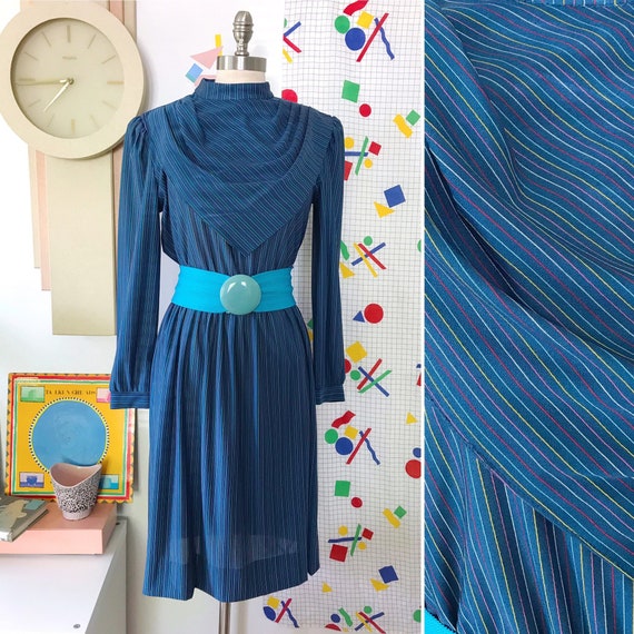 80s Vintage Rainbow Striped Blue Dress - Vintage R