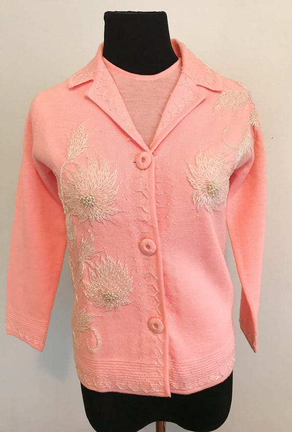 Vintage 1960s Pink Beaded Wool Jacket and Matchin… - image 3