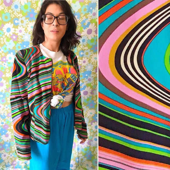 90s Vintage Silk Rainbow Striped Moto Jacket - Vin