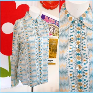 70s 60s Disco Shirt Vintage Disco Mid Century Shirt Size MD Vintage Blue Mustard Disco Dance Shirt