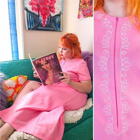 70s Vintage Bubblegum Pink Maxi Dress - Vintage 70