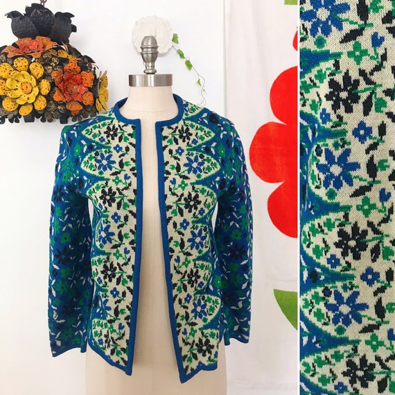 60s Vintage Catalina Jacquard Wool Blue and Green