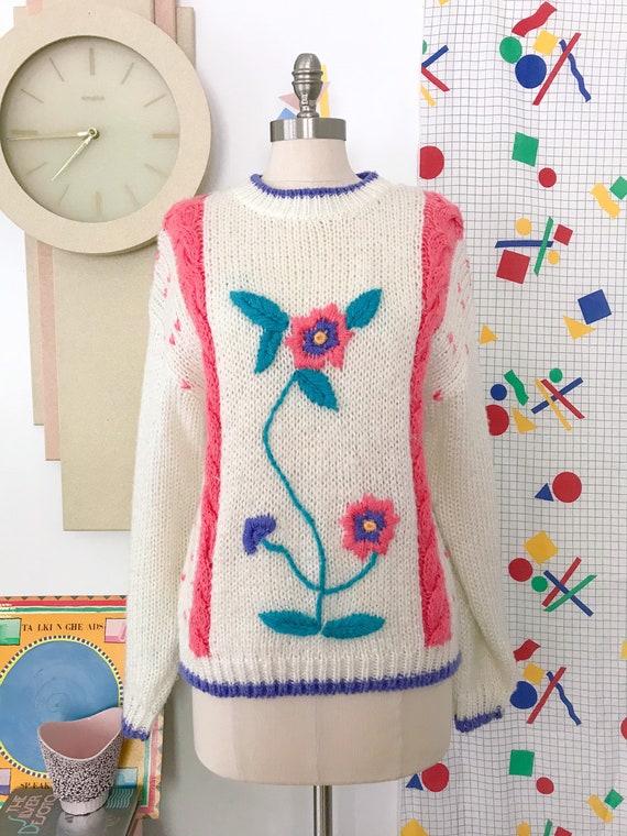 90s Pastel Floral Hand Knitted Sweater - Vintage F