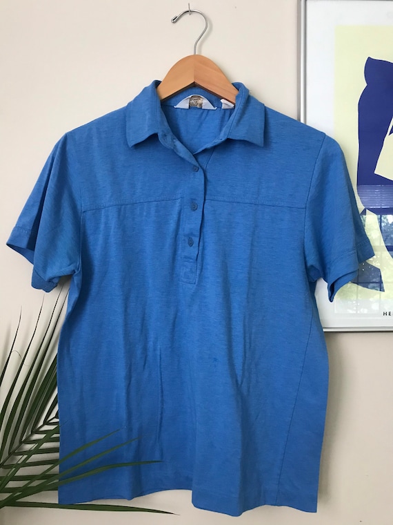 80s 70s Basic Sky Blue Thin Polo Shirt Size Mens M