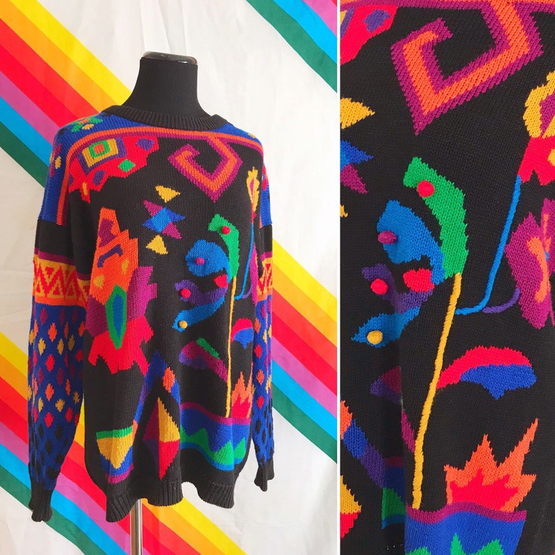 Vintage Rainbow Pom Pom Sweater Vintage Rafaella Rainbow Sweater 80s Vintage Pom Pom Rainbow Aztec Sweater