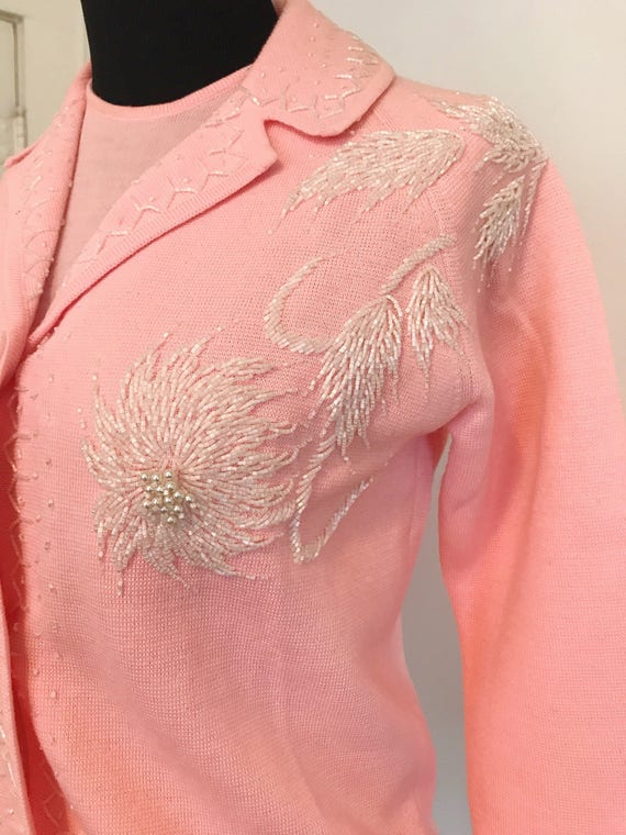 Vintage 1960s Pink Beaded Wool Jacket and Matchin… - image 4