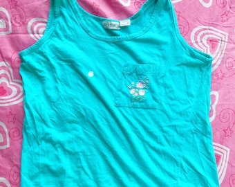 90s Pastel Baby Blue Pocket Tank with Embroidered Flower Cottagecore Tank Top