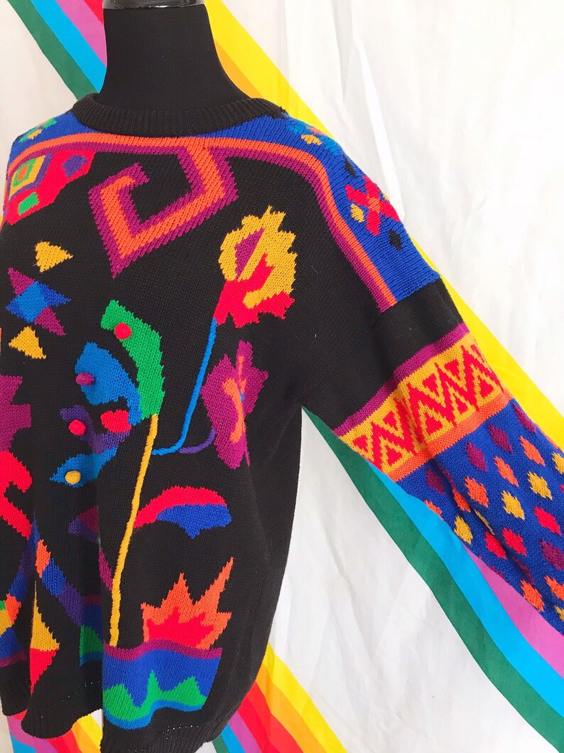 Vintage Rainbow Pom Pom Sweater Vintage Rafaella Rainbow Sweater 80s Vintage Pom Pom Rainbow Aztec Sweater