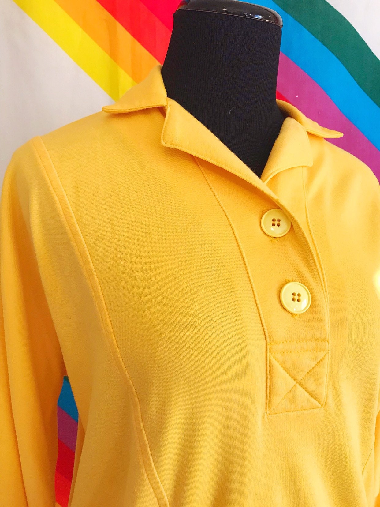 90s Vintage Yellow Quarter Length Sweater Button up Vintage Yellow