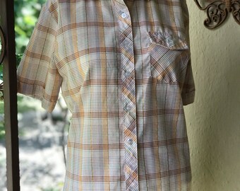 80s Cherry Stix Brown Blue Plaid Cowboy Button Up Blouse Sz Lg Cowgirl Wranglers