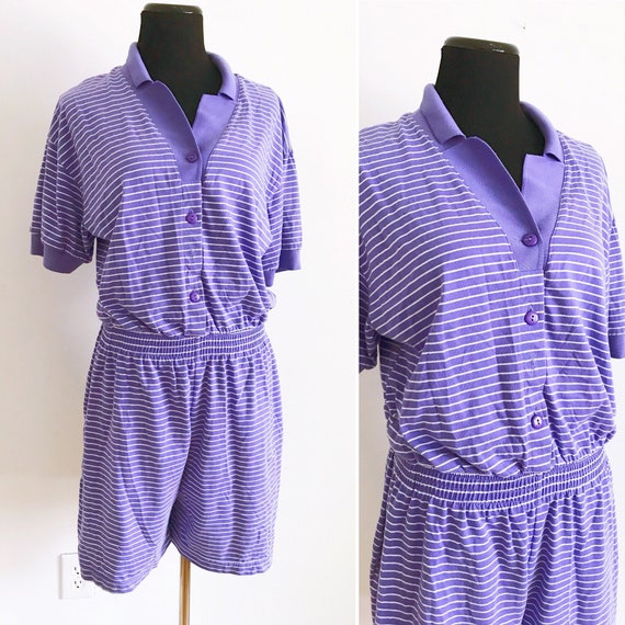 80s Vintage Purple Striped Cotton Romper - 80s Lav