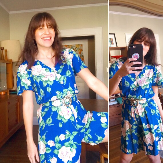 1980s 1990s Vintage Blue Floral Cotton Romper - 19