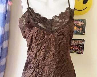 y2k 2000s Brown Crushed Velvet Spaghetti Strap Tank Top SZ LG