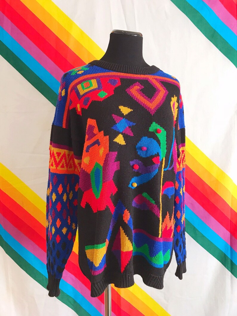 Vintage Rainbow Pom Pom Sweater Vintage Rafaella Rainbow Sweater 80s Vintage Pom Pom Rainbow Aztec Sweater