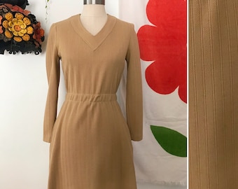 70s Vintage Camel V-Neck Dress - Vintage 70s Long Sleeve Dress - Retro Tan Ribbed Dress