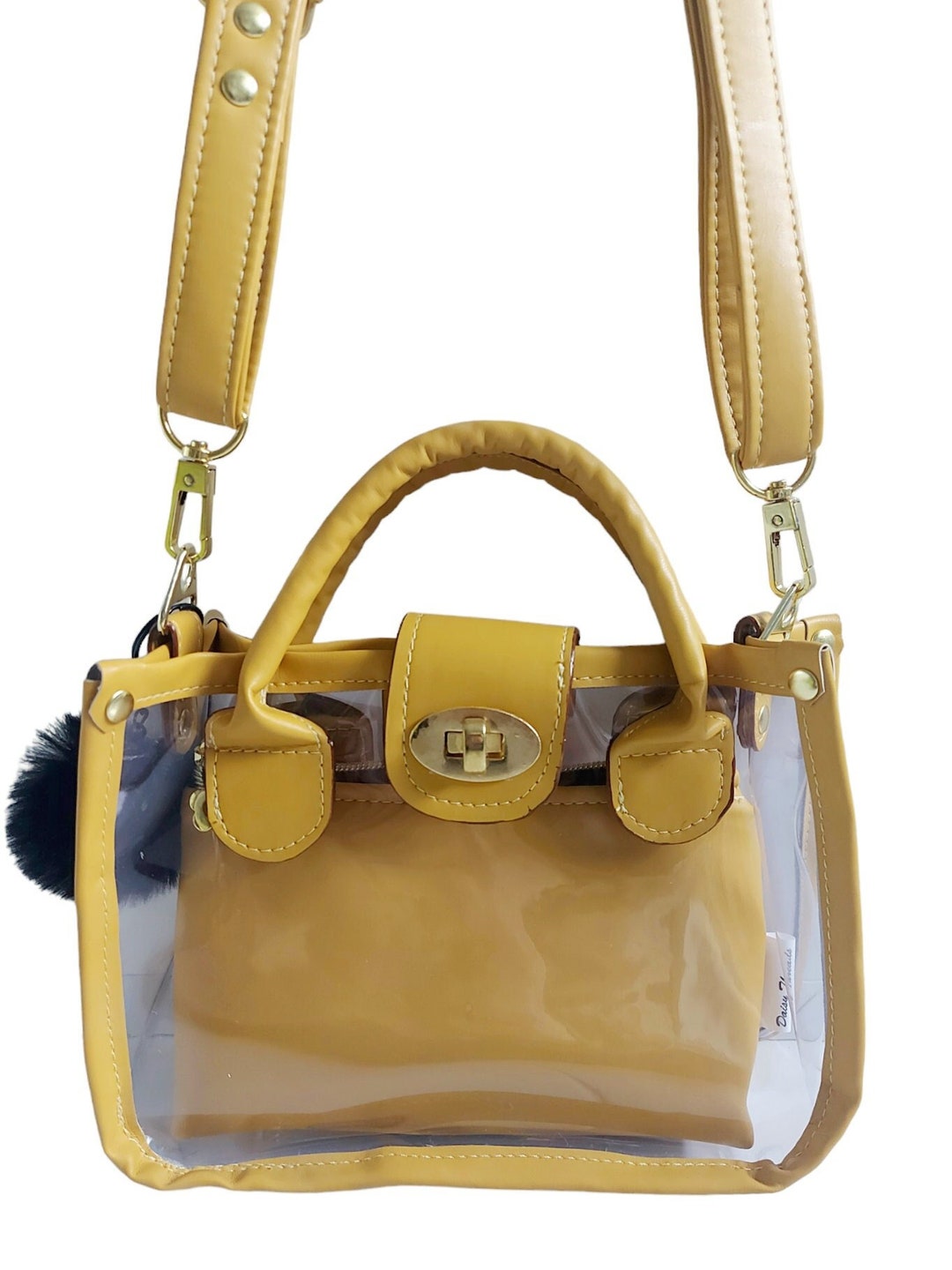 Clear Small Tote Bag With Mustard Faux Leather Top Handles and Small