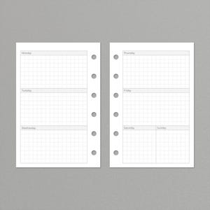 Puede incluir: Un planificador semanal blanco con un diseño de cuadrícula. El planificador está dividido en siete secciones, una para cada día de la semana. Los días de la semana están etiquetados en la parte superior de cada sección. El planificador tiene un agujero perforado en el lado izquierdo para encuadernar.
