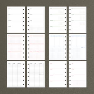Op de afbeelding: Negen printbare plannerpagina's met verschillende lay-outs. De pagina's bevatten een wekelijkse lay-out, een dagelijkse lay-out en een rasterlay-out. De pagina's zijn ontworpen voor gebruik met een disc-bound planner.