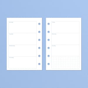 May include: Two-page spread of a planner insert with a weekly layout. The left page has sections for Monday through Thursday, and the right page has sections for Friday, Saturday, and Sunday, plus a grid for notes. Each page has holes for binding.
