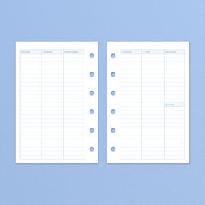 Op de afbeelding: Een weekplanner met een witte achtergrond en blauwe koppen. De planner is verdeeld in zeven kolommen, één voor elke dag van de week. De dagen van de week zijn gelabeld: maandag, dinsdag, woensdag, donderdag, vrijdag, zaterdag en zondag.