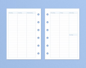 May include: A weekly planner with a white background and blue headings. The planner is divided into seven columns, one for each day of the week. The days of the week are labeled: Monday, Tuesday, Wednesday, Thursday, Friday, Saturday, and Sunday.