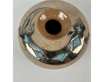 Vintage Southwestern Studio Pottery Lizard Vase Signed Turquoise Metallic Luster