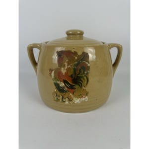 Vintage USA Pottery Rooster Hen Bean Pot Casserole Crock w/Lid Farmhouse