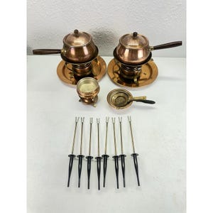 Vintage Copper Fondue Set for 4 Double Burner 2 Pots Complete Mid Century MCM