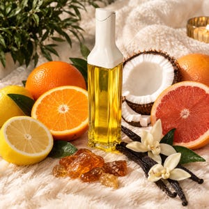 Puede incluir: Una botella de vidrio transparente de base cuadrada, llena de aceite dorado y con tapa blanca. Está rodeada de cítricos frescos que incluyen naranjas, un limón y un pomelo, junto con trozos de coco, vainas de vainilla y resina de color ámbar.