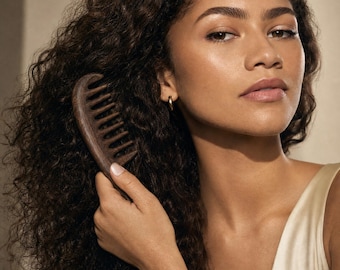 Houten kam met brede tanden voor krullend, dik en natuurlijk haar, ontwarrende kam voor kroeshaar, zwarte sandelhouten haarkam, anti-frizz stylingtool