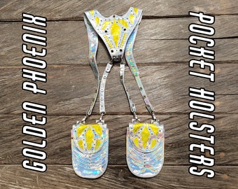 Pocket holsters -Silver and Gold Holographic Leather - Vegan Leather -Rave Wear- Festival Fashion- Golden Phoenix- FREE EXPRESS SHIPPING