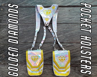 Pocket holsters -Silver and Gold Holographic Vegan Leather -Rave Wear - Festival Fashion Outfit - Golden Diamonds FREE EXPRESS SHIPPING