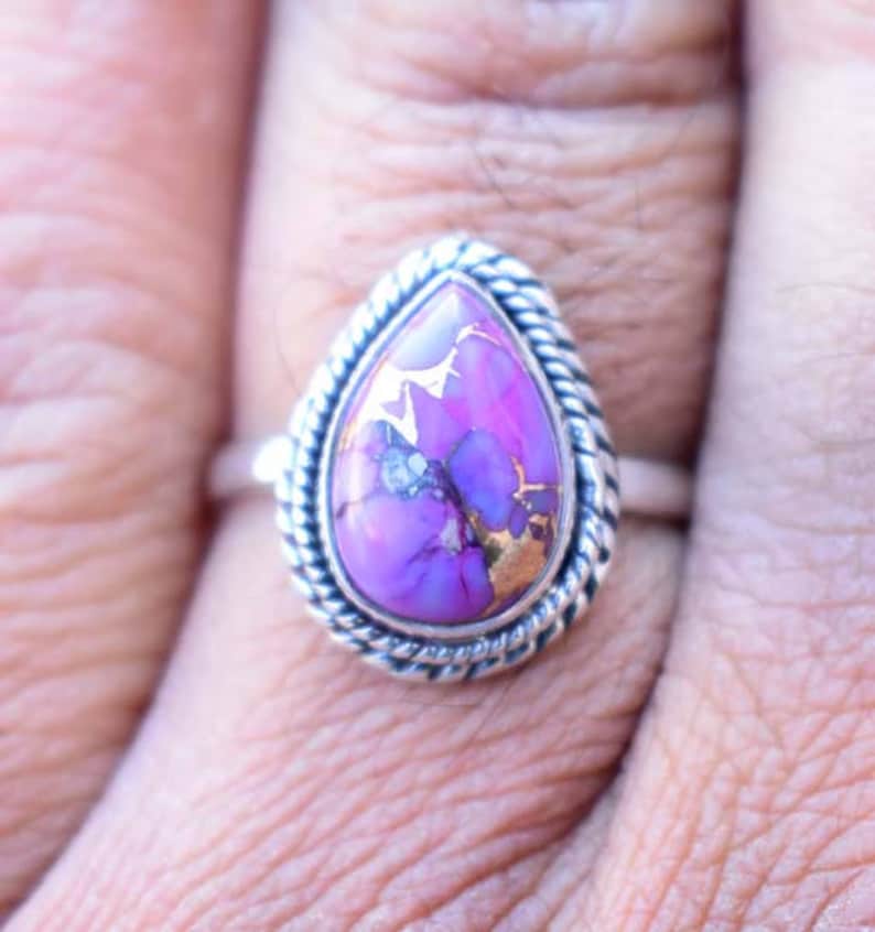 Solid 925 Sterling Silver Women Jewelry Natural Copper Purple Turquoise Gemstone Ring Size 5