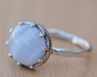 Blue Lace Agate Ring-Round Cab Agate Ring-92 Sterling Silver Blue Ring-Handmade Jewelry Ring Blue Lace Agate Gift-Dainty Christmas Gift Ring