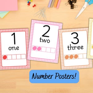 May include: Four number posters displaying the numbers one to four, each with a corresponding word and visual representation. The posters have a gingham border and are on a wooden surface. The text "Number Posters!" is on a blue banner.