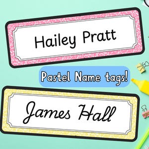 May include: Two pastel name tags with the names "Hailey Pratt" and "James Hall" are displayed. The Hailey Pratt tag has a pink border, and the James Hall tag has a yellow border. The text "Pastel Name tags!" is also visible.