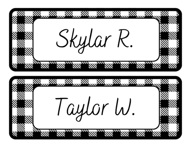 Class Name Tags Template Black and White Checkered Flannel Themed ...